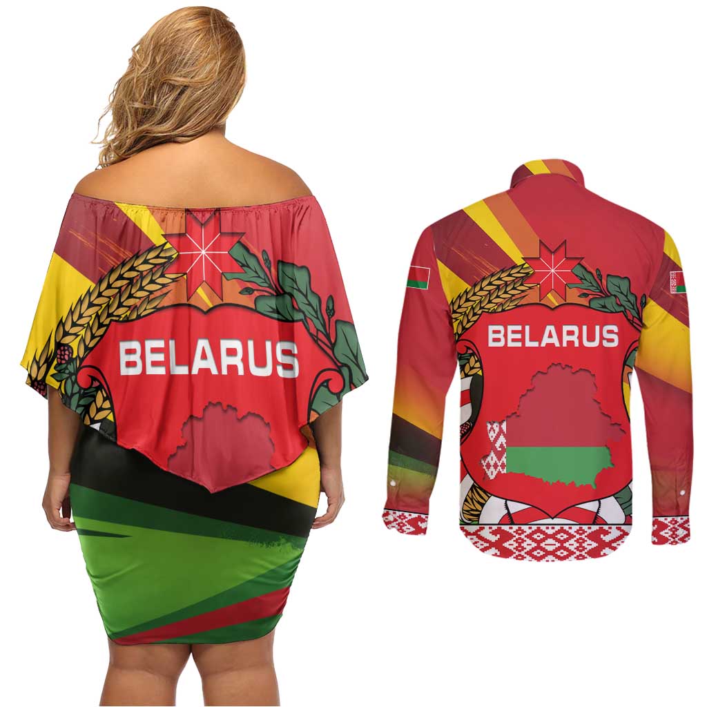 Belarus Red and Yellow National Crest Couples Matching Off Shoulder Short Dress and Long Sleeve Button Shirt with Pahonia Knight and Folk Motif Design
