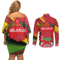 Belarus Red and Yellow National Crest Couples Matching Off Shoulder Short Dress and Long Sleeve Button Shirt with Pahonia Knight and Folk Motif Design