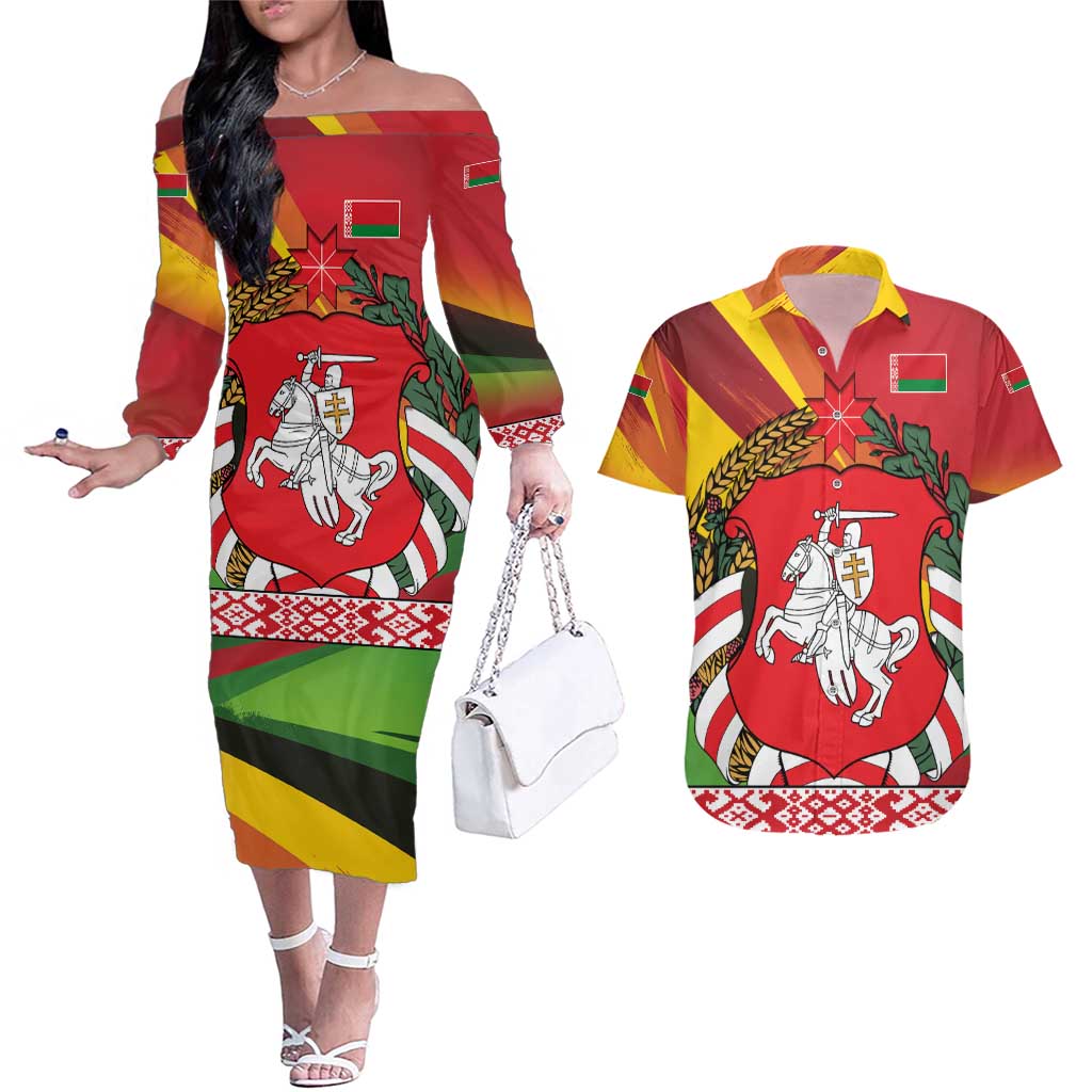 Belarus Red and Yellow National Crest Couples Matching Off The Shoulder Long Sleeve Dress and Hawaiian Shirt with Pahonia Knight and Folk Motif Design