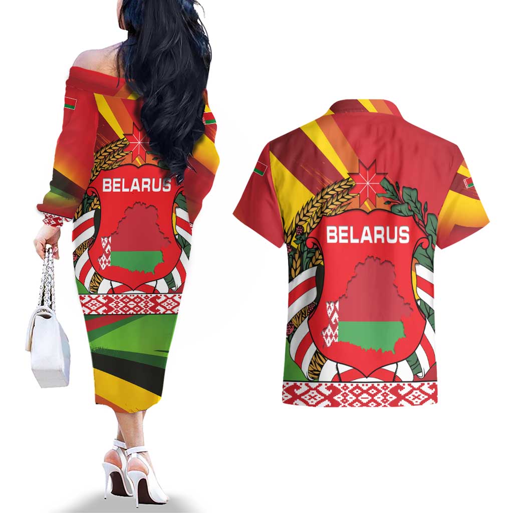 Belarus Red and Yellow National Crest Couples Matching Off The Shoulder Long Sleeve Dress and Hawaiian Shirt with Pahonia Knight and Folk Motif Design