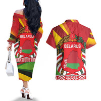 Belarus Red and Yellow National Crest Couples Matching Off The Shoulder Long Sleeve Dress and Hawaiian Shirt with Pahonia Knight and Folk Motif Design