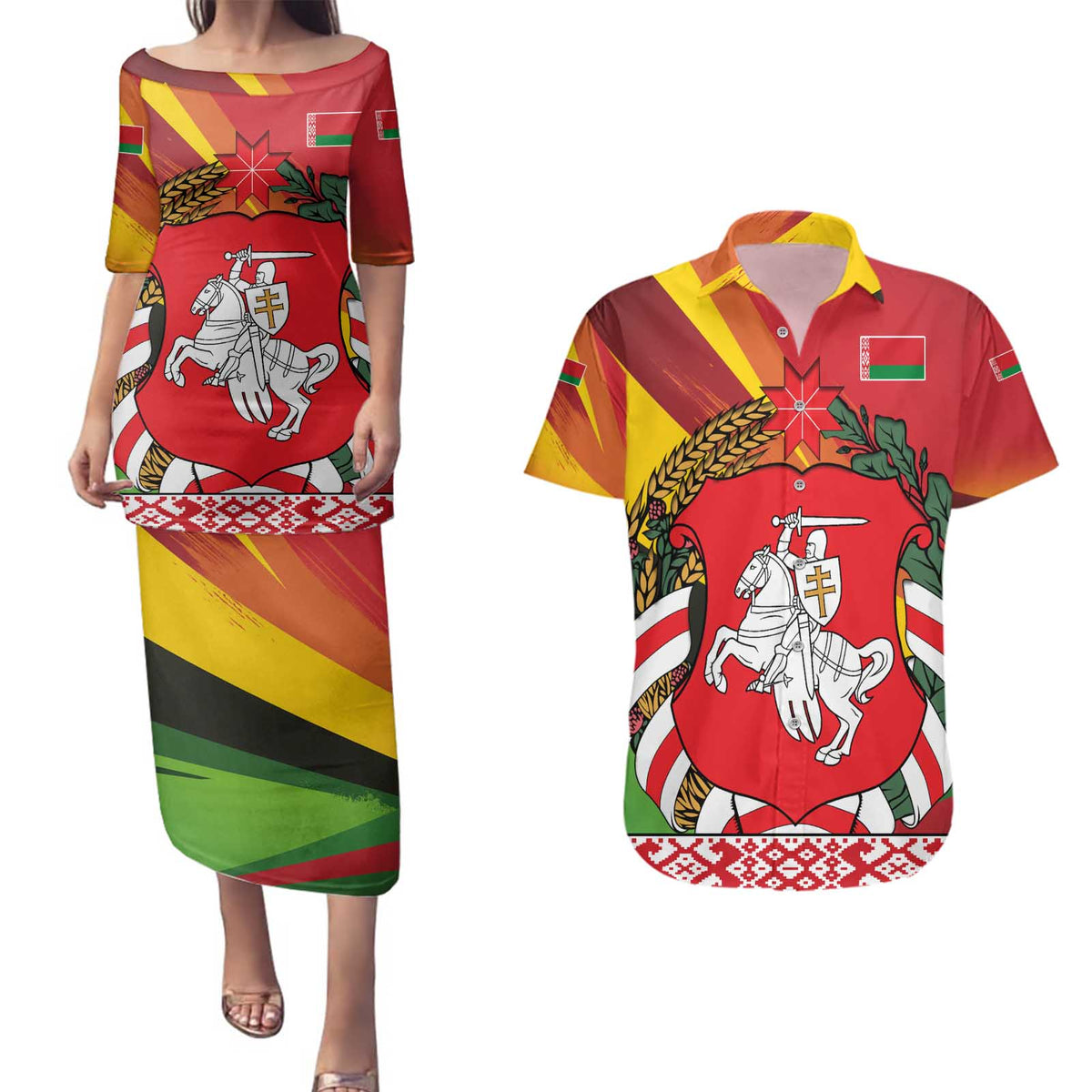 Belarus Red and Yellow National Crest Couples Matching Puletasi and Hawaiian Shirt with Pahonia Knight and Folk Motif Design