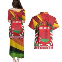 Belarus Red and Yellow National Crest Couples Matching Puletasi and Hawaiian Shirt with Pahonia Knight and Folk Motif Design