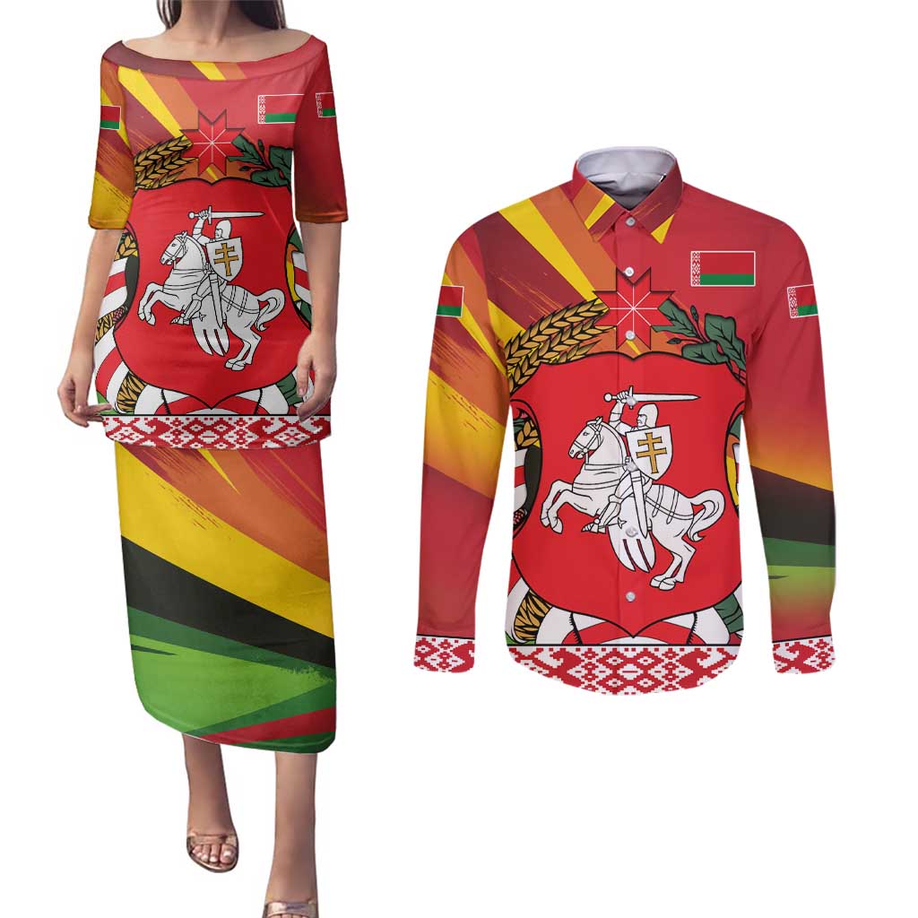 Belarus Red and Yellow National Crest Couples Matching Puletasi and Long Sleeve Button Shirt with Pahonia Knight and Folk Motif Design