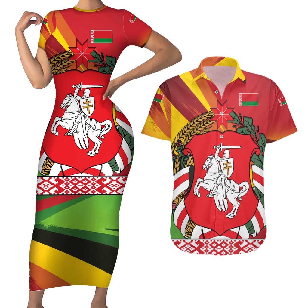 Belarus Red and Yellow National Crest Couples Matching Short Sleeve Bodycon Dress and Hawaiian Shirt with Pahonia Knight and Folk Motif Design