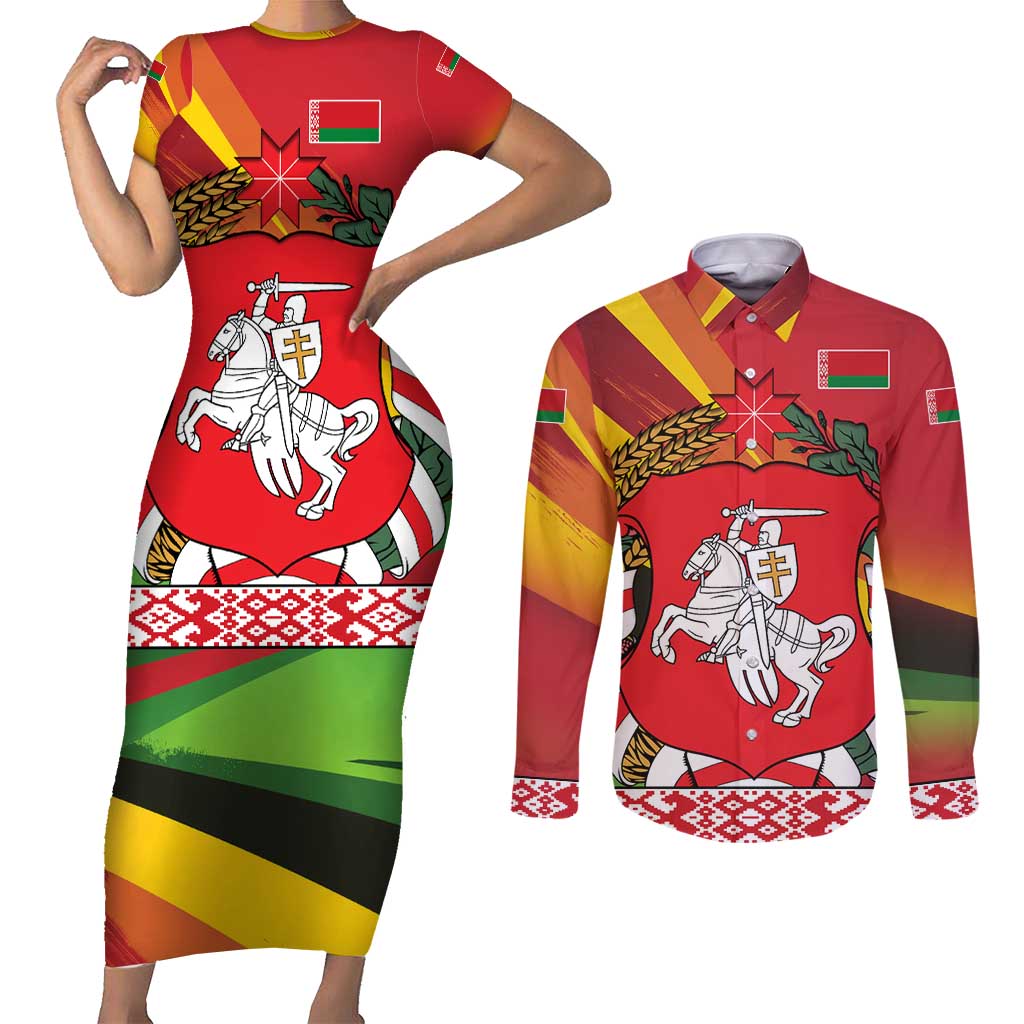 Belarus Red and Yellow National Crest Couples Matching Short Sleeve Bodycon Dress and Long Sleeve Button Shirt with Pahonia Knight and Folk Motif Design