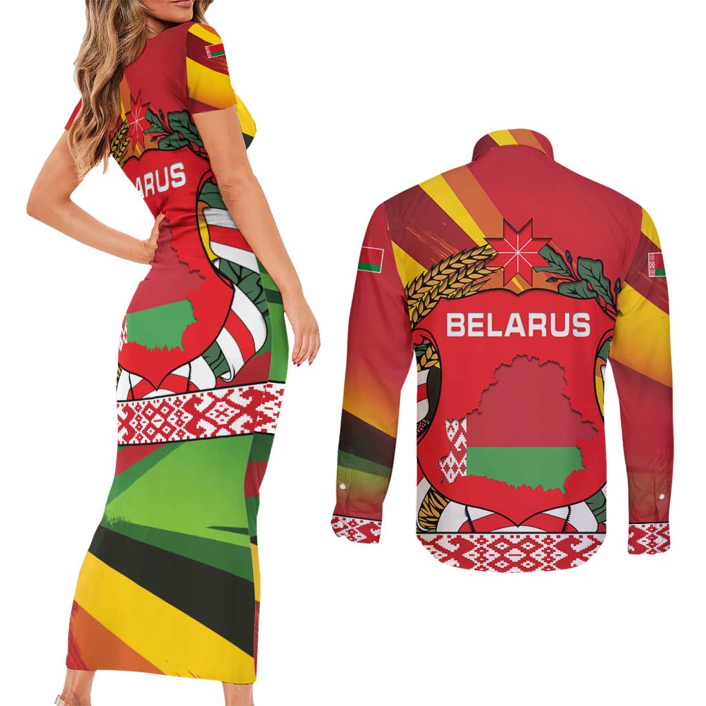 Belarus Red and Yellow National Crest Couples Matching Short Sleeve Bodycon Dress and Long Sleeve Button Shirt with Pahonia Knight and Folk Motif Design