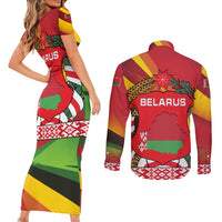 Belarus Red and Yellow National Crest Couples Matching Short Sleeve Bodycon Dress and Long Sleeve Button Shirt with Pahonia Knight and Folk Motif Design