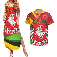 Belarus Red and Yellow National Crest Couples Matching Summer Maxi Dress and Hawaiian Shirt with Pahonia Knight and Folk Motif Design