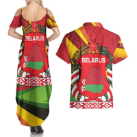 Belarus Red and Yellow National Crest Couples Matching Summer Maxi Dress and Hawaiian Shirt with Pahonia Knight and Folk Motif Design