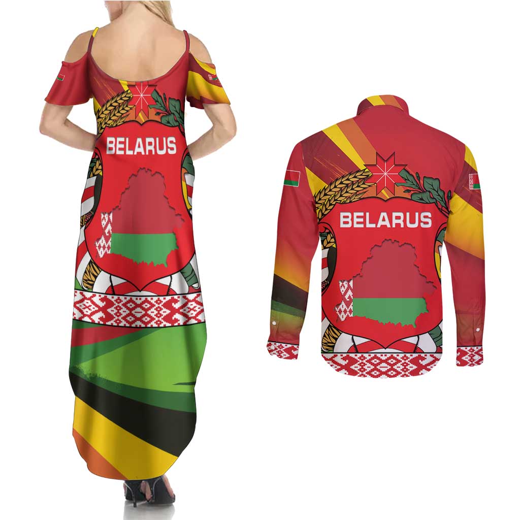 Belarus Red and Yellow National Crest Couples Matching Summer Maxi Dress and Long Sleeve Button Shirt with Pahonia Knight and Folk Motif Design