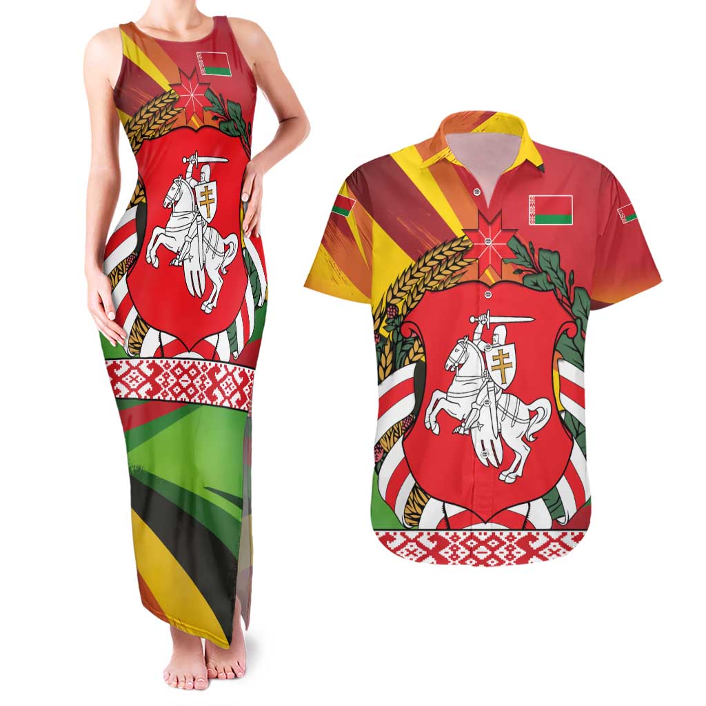 Belarus Red and Yellow National Crest Couples Matching Tank Maxi Dress and Hawaiian Shirt with Pahonia Knight and Folk Motif Design