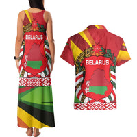 Belarus Red and Yellow National Crest Couples Matching Tank Maxi Dress and Hawaiian Shirt with Pahonia Knight and Folk Motif Design