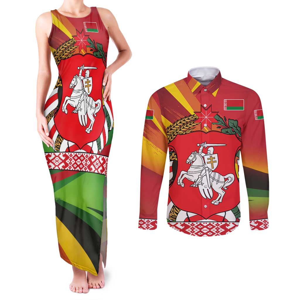 Belarus Red and Yellow National Crest Couples Matching Tank Maxi Dress and Long Sleeve Button Shirt with Pahonia Knight and Folk Motif Design