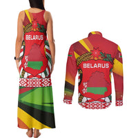Belarus Red and Yellow National Crest Couples Matching Tank Maxi Dress and Long Sleeve Button Shirt with Pahonia Knight and Folk Motif Design