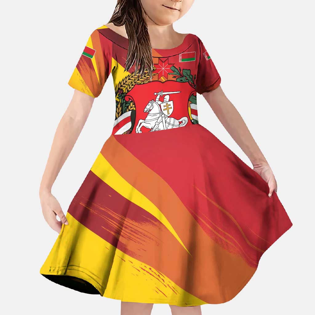 Belarus Red and Yellow National Crest Family Matching Long Sleeve Bodycon Dress and Hawaiian Shirt with Pahonia Knight and Folk Motif Design