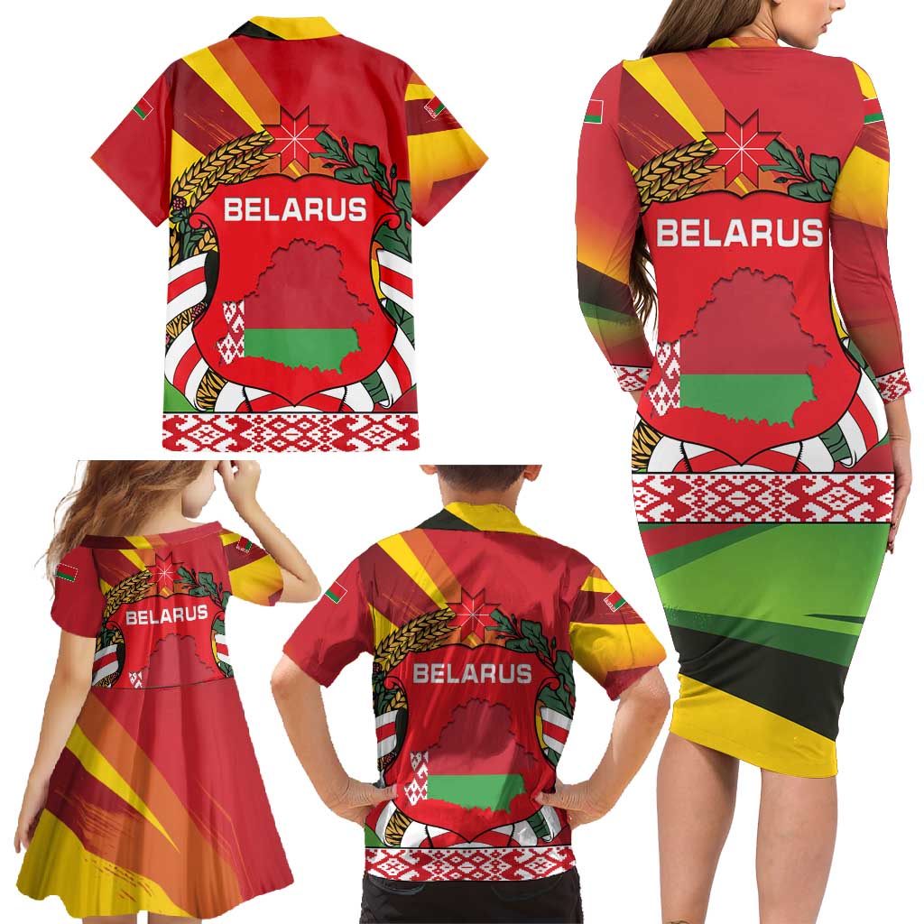 Belarus Red and Yellow National Crest Family Matching Long Sleeve Bodycon Dress and Hawaiian Shirt with Pahonia Knight and Folk Motif Design
