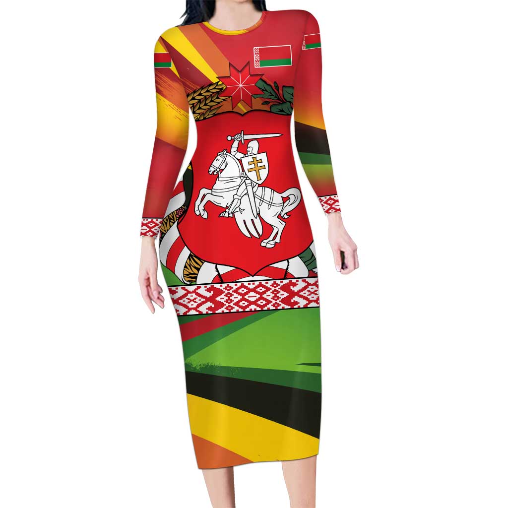 Belarus Red and Yellow National Crest Family Matching Long Sleeve Bodycon Dress and Hawaiian Shirt with Pahonia Knight and Folk Motif Design