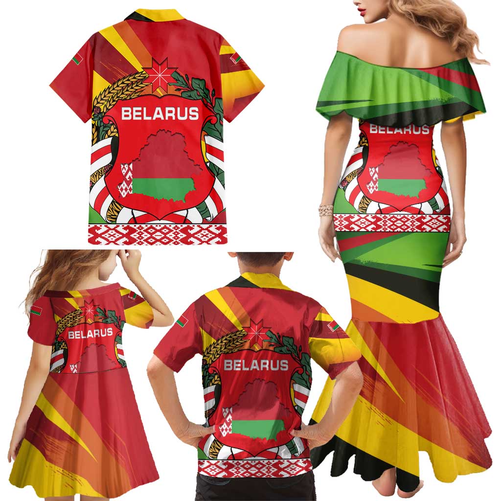 Belarus Red and Yellow National Crest Family Matching Mermaid Dress and Hawaiian Shirt with Pahonia Knight and Folk Motif Design