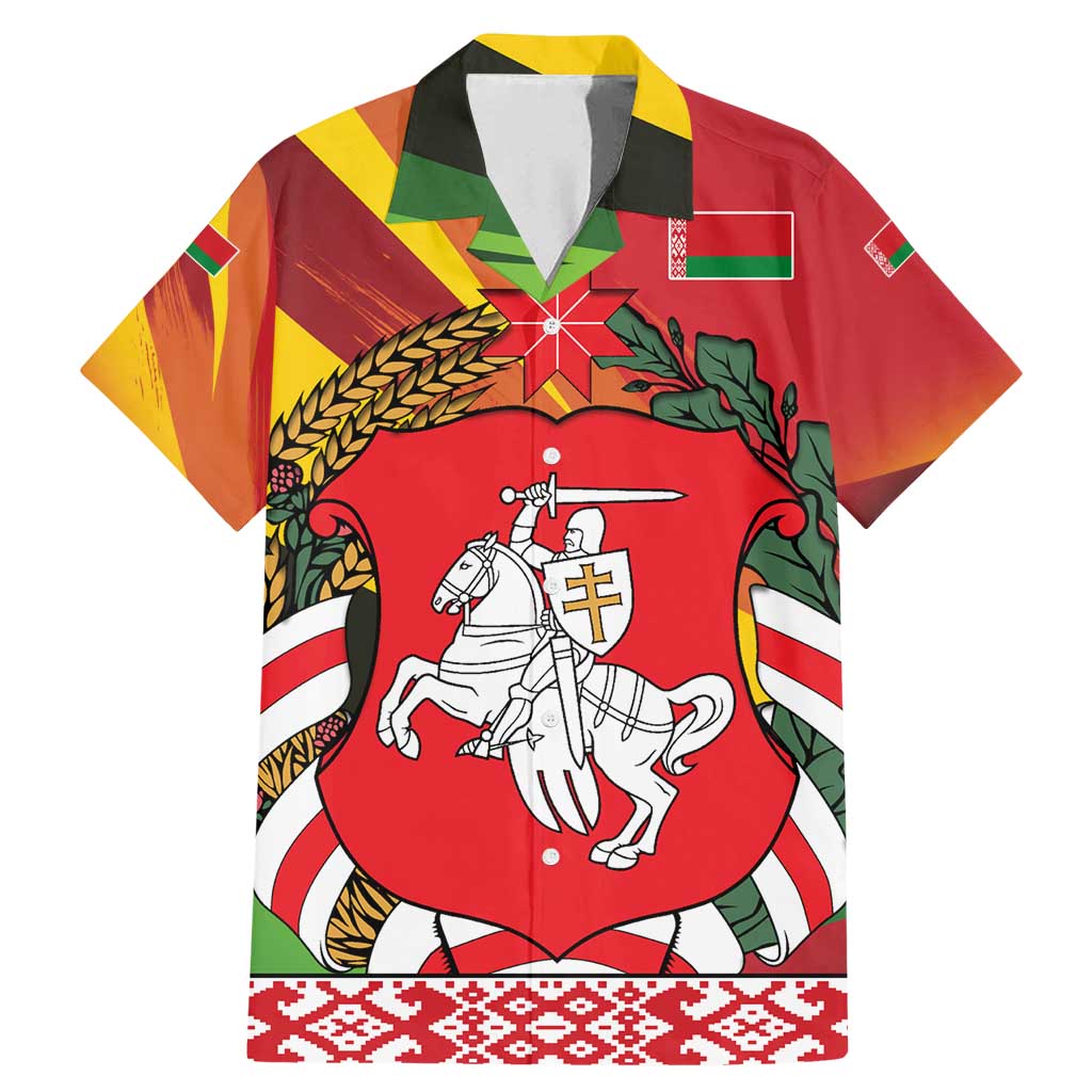 Belarus Red and Yellow National Crest Family Matching Mermaid Dress and Hawaiian Shirt with Pahonia Knight and Folk Motif Design