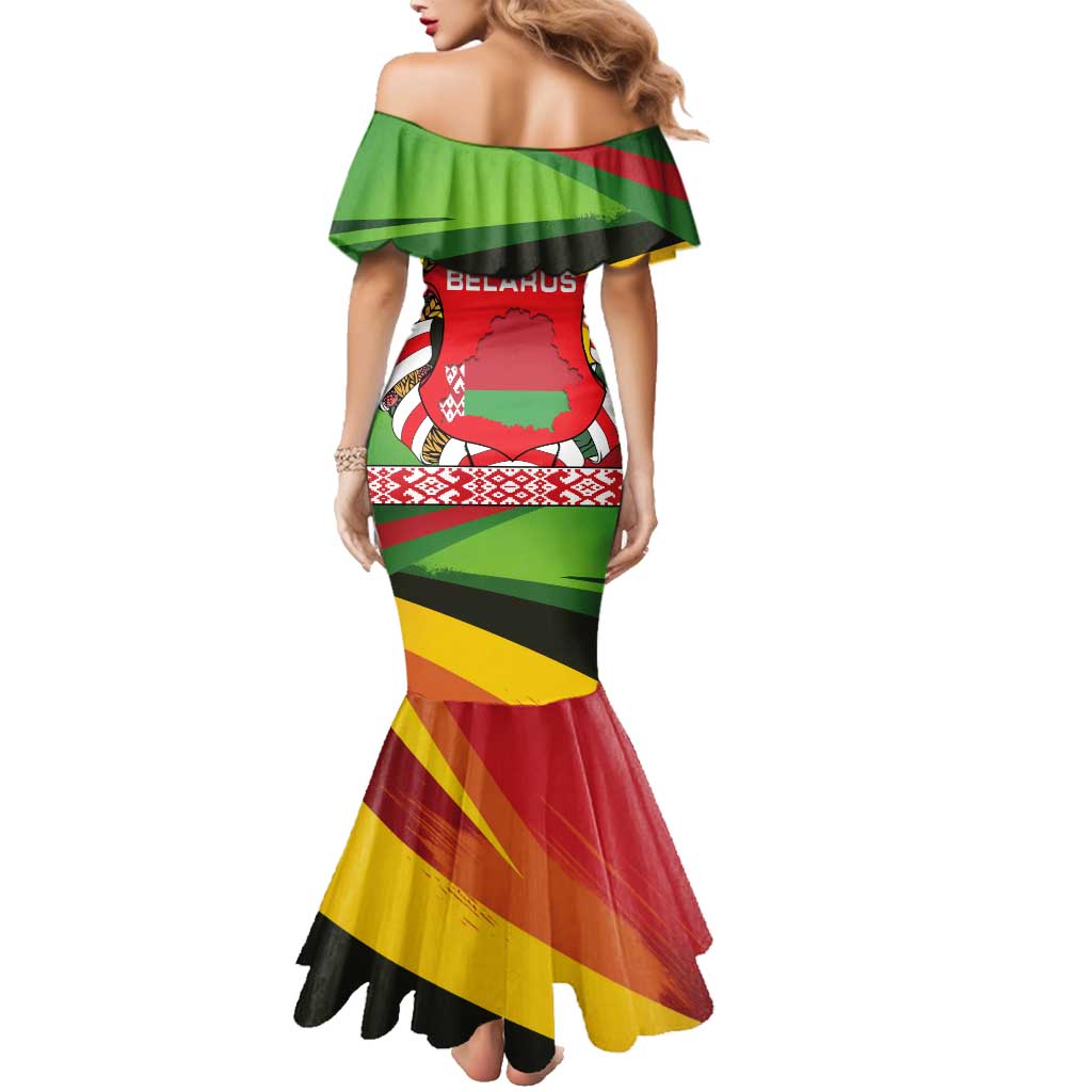 Belarus Red and Yellow National Crest Family Matching Mermaid Dress and Hawaiian Shirt with Pahonia Knight and Folk Motif Design