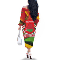 Belarus Red and Yellow National Crest Family Matching Off The Shoulder Long Sleeve Dress and Hawaiian Shirt with Pahonia Knight and Folk Motif Design