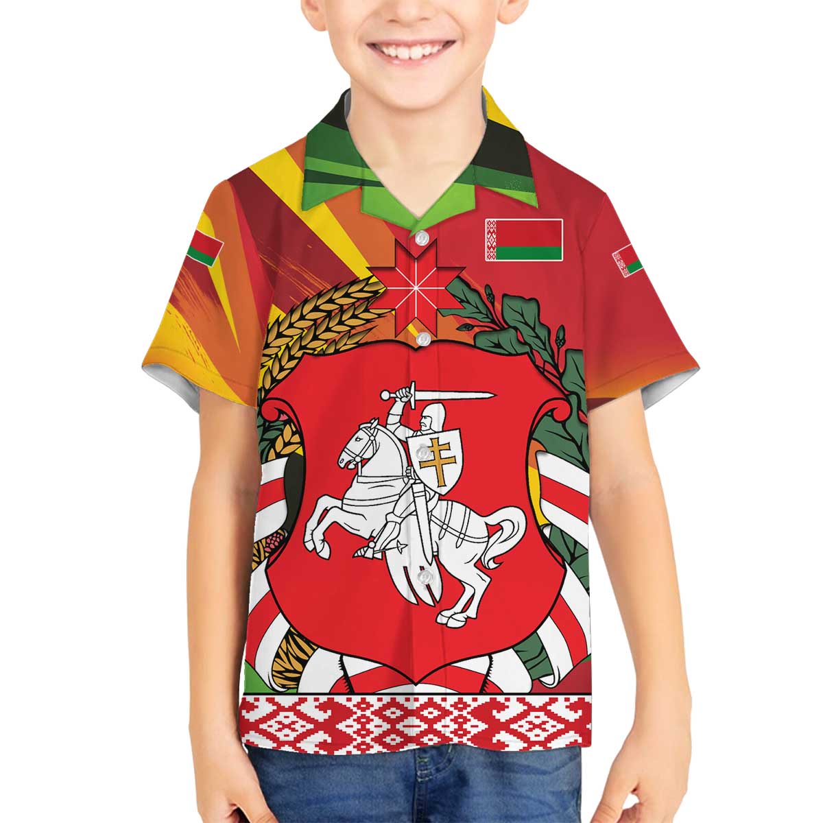 Belarus Red and Yellow National Crest Family Matching Off The Shoulder Long Sleeve Dress and Hawaiian Shirt with Pahonia Knight and Folk Motif Design