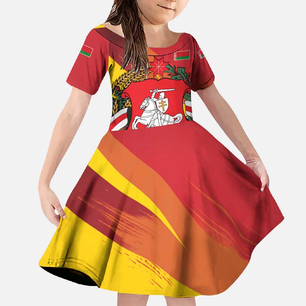 Belarus Red and Yellow National Crest Family Matching Off Shoulder Maxi Dress and Hawaiian Shirt with Pahonia Knight and Folk Motif Design