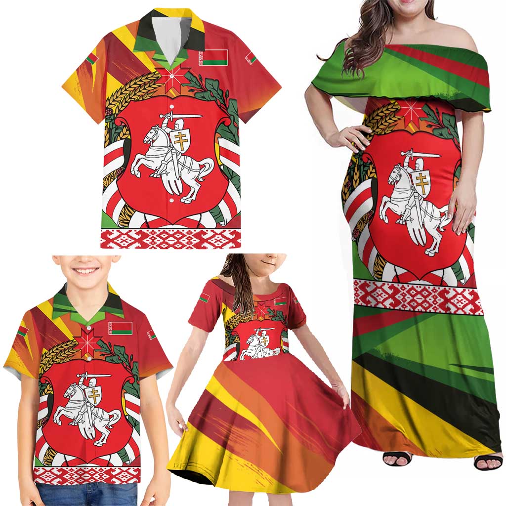 Belarus Red and Yellow National Crest Family Matching Off Shoulder Maxi Dress and Hawaiian Shirt with Pahonia Knight and Folk Motif Design