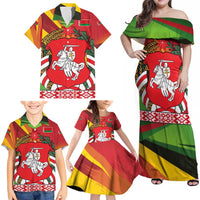 Belarus Red and Yellow National Crest Family Matching Off Shoulder Maxi Dress and Hawaiian Shirt with Pahonia Knight and Folk Motif Design
