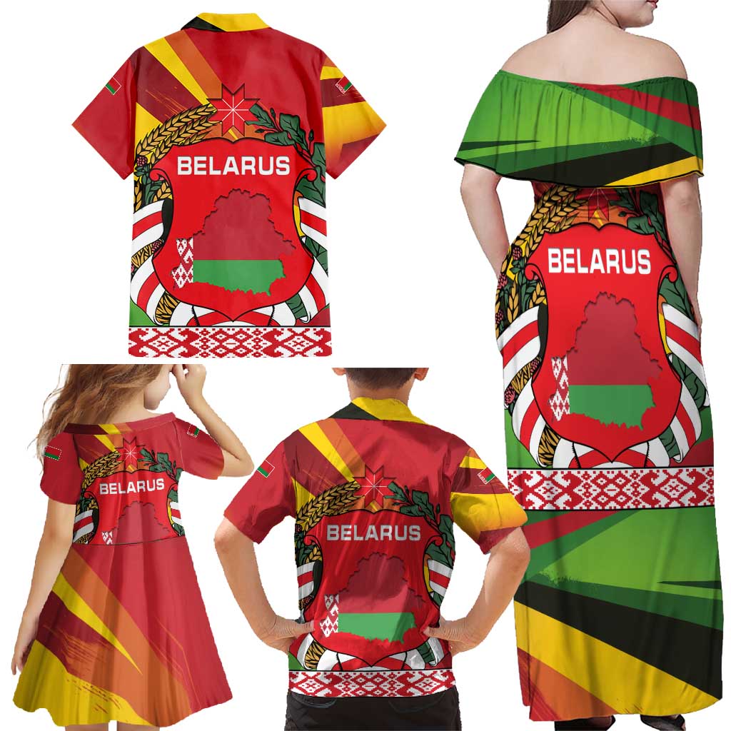 Belarus Red and Yellow National Crest Family Matching Off Shoulder Maxi Dress and Hawaiian Shirt with Pahonia Knight and Folk Motif Design