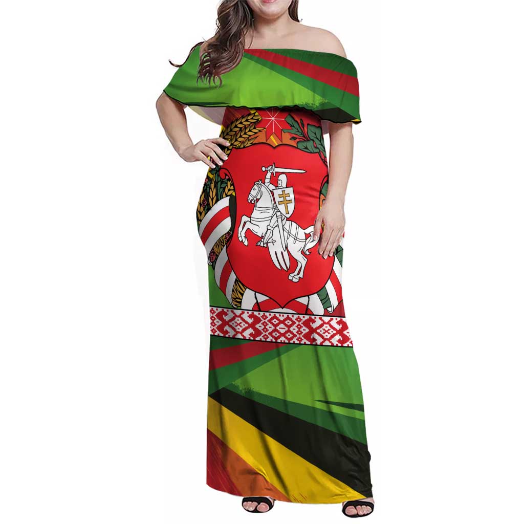 Belarus Red and Yellow National Crest Family Matching Off Shoulder Maxi Dress and Hawaiian Shirt with Pahonia Knight and Folk Motif Design