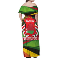 Belarus Red and Yellow National Crest Family Matching Off Shoulder Maxi Dress and Hawaiian Shirt with Pahonia Knight and Folk Motif Design