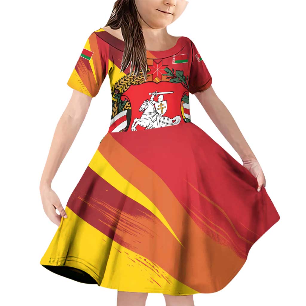 Belarus Red and Yellow National Crest Family Matching Off Shoulder Short Dress and Hawaiian Shirt with Pahonia Knight and Folk Motif Design