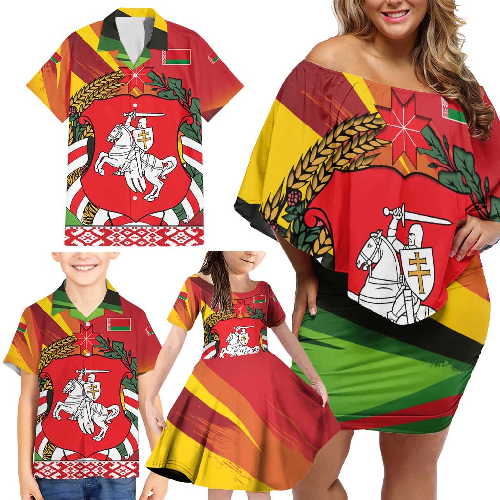 Belarus Red and Yellow National Crest Family Matching Off Shoulder Short Dress and Hawaiian Shirt with Pahonia Knight and Folk Motif Design
