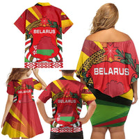 Belarus Red and Yellow National Crest Family Matching Off Shoulder Short Dress and Hawaiian Shirt with Pahonia Knight and Folk Motif Design