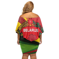 Belarus Red and Yellow National Crest Family Matching Off Shoulder Short Dress and Hawaiian Shirt with Pahonia Knight and Folk Motif Design