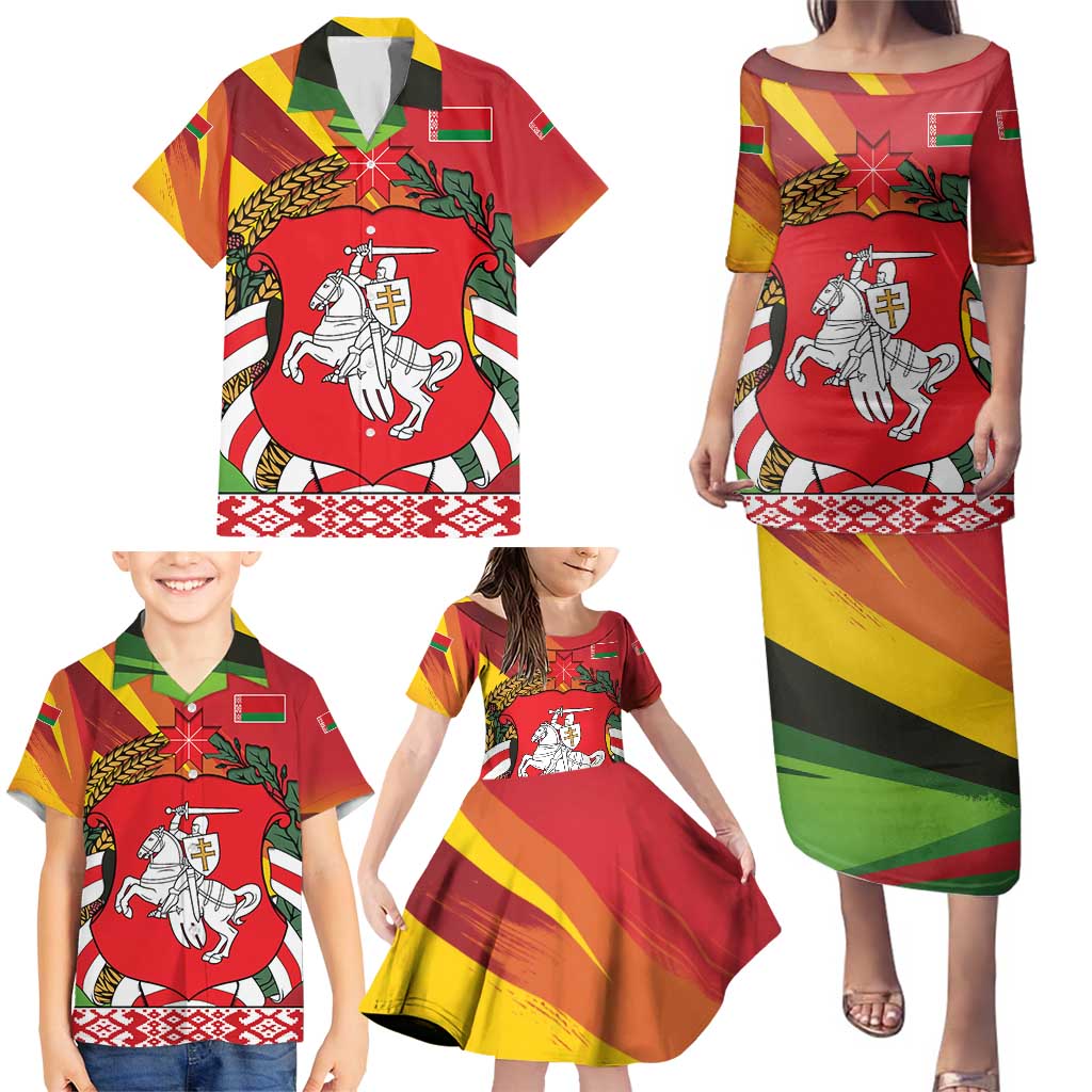 Belarus Red and Yellow National Crest Family Matching Puletasi and Hawaiian Shirt with Pahonia Knight and Folk Motif Design