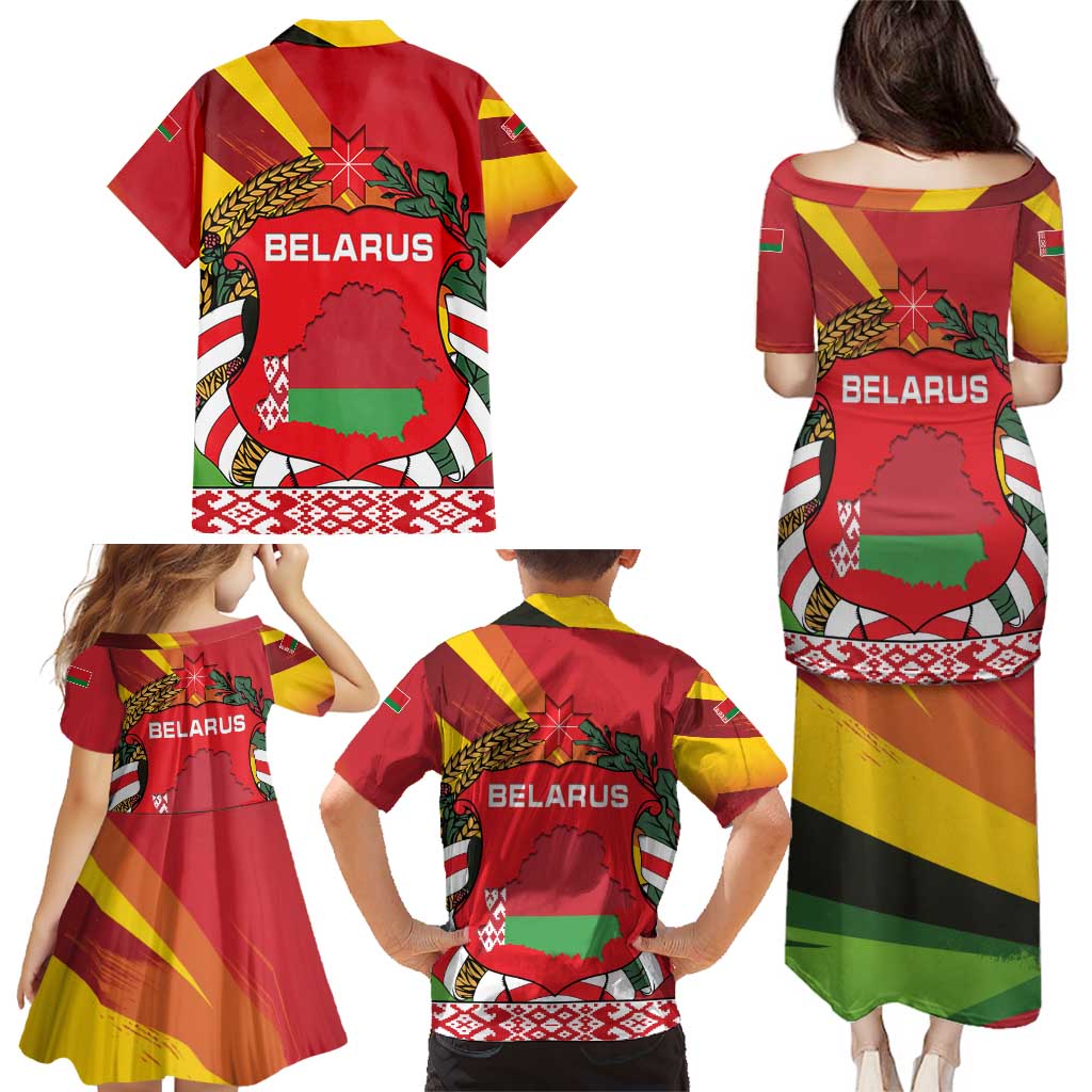 Belarus Red and Yellow National Crest Family Matching Puletasi and Hawaiian Shirt with Pahonia Knight and Folk Motif Design