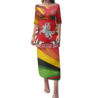 Belarus Red and Yellow National Crest Family Matching Puletasi and Hawaiian Shirt with Pahonia Knight and Folk Motif Design