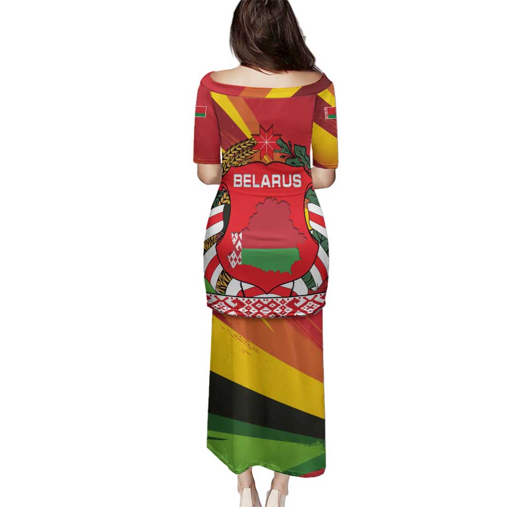 Belarus Red and Yellow National Crest Family Matching Puletasi and Hawaiian Shirt with Pahonia Knight and Folk Motif Design