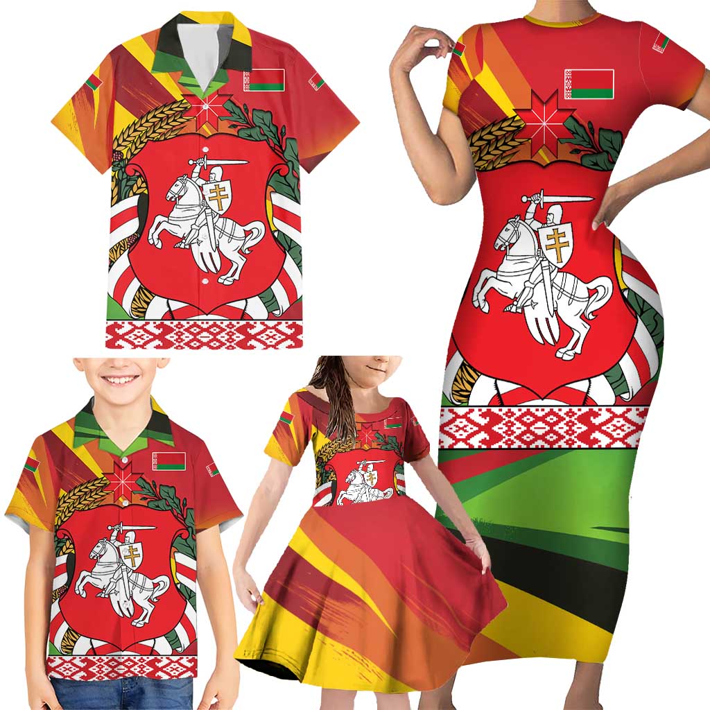 Belarus Red and Yellow National Crest Family Matching Short Sleeve Bodycon Dress and Hawaiian Shirt with Pahonia Knight and Folk Motif Design