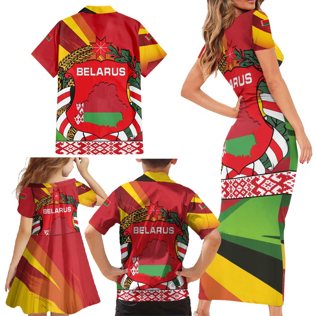 Belarus Red and Yellow National Crest Family Matching Short Sleeve Bodycon Dress and Hawaiian Shirt with Pahonia Knight and Folk Motif Design