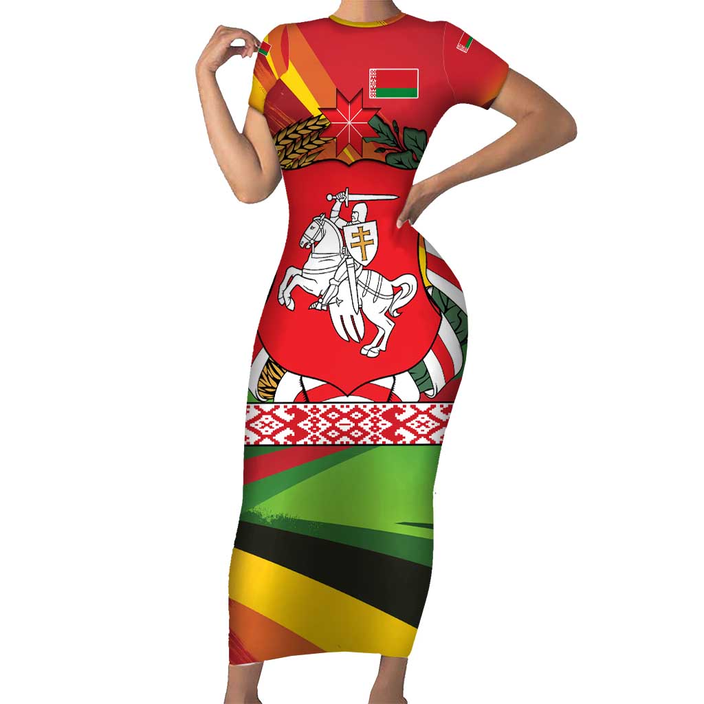 Belarus Red and Yellow National Crest Family Matching Short Sleeve Bodycon Dress and Hawaiian Shirt with Pahonia Knight and Folk Motif Design