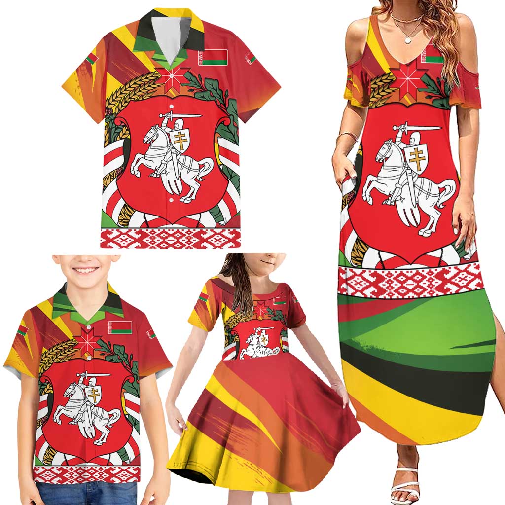 Belarus Red and Yellow National Crest Family Matching Summer Maxi Dress and Hawaiian Shirt with Pahonia Knight and Folk Motif Design