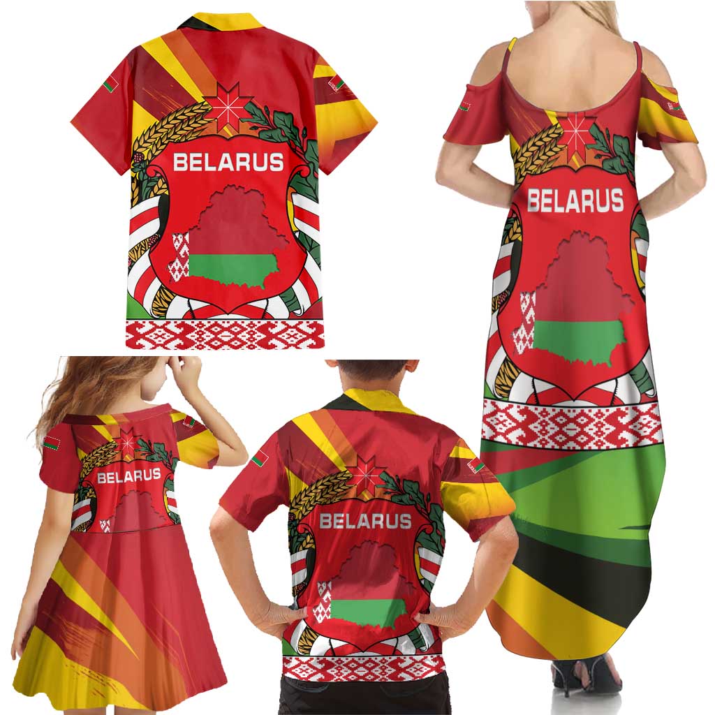 Belarus Red and Yellow National Crest Family Matching Summer Maxi Dress and Hawaiian Shirt with Pahonia Knight and Folk Motif Design