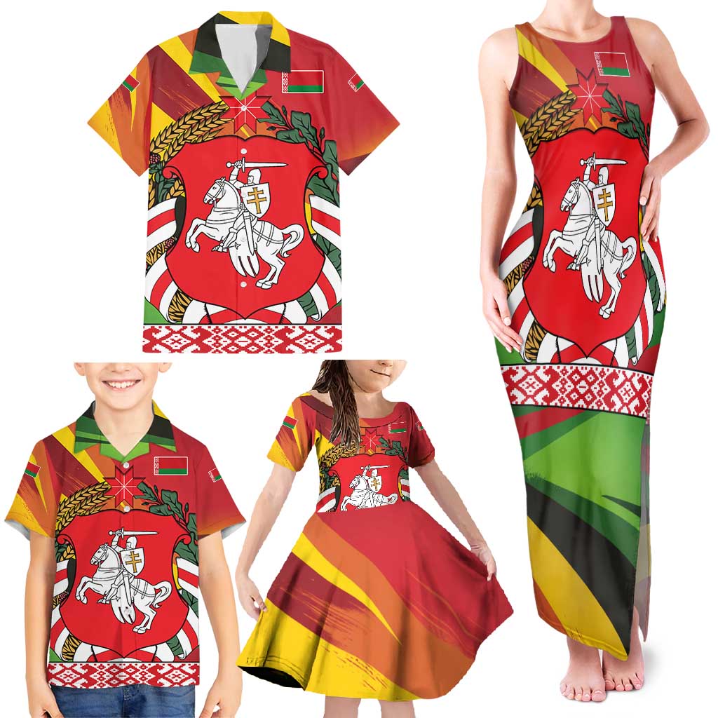 Belarus Red and Yellow National Crest Family Matching Tank Maxi Dress and Hawaiian Shirt with Pahonia Knight and Folk Motif Design