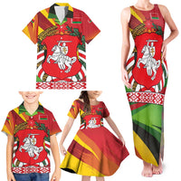 Belarus Red and Yellow National Crest Family Matching Tank Maxi Dress and Hawaiian Shirt with Pahonia Knight and Folk Motif Design