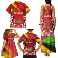 Belarus Red and Yellow National Crest Family Matching Tank Maxi Dress and Hawaiian Shirt with Pahonia Knight and Folk Motif Design