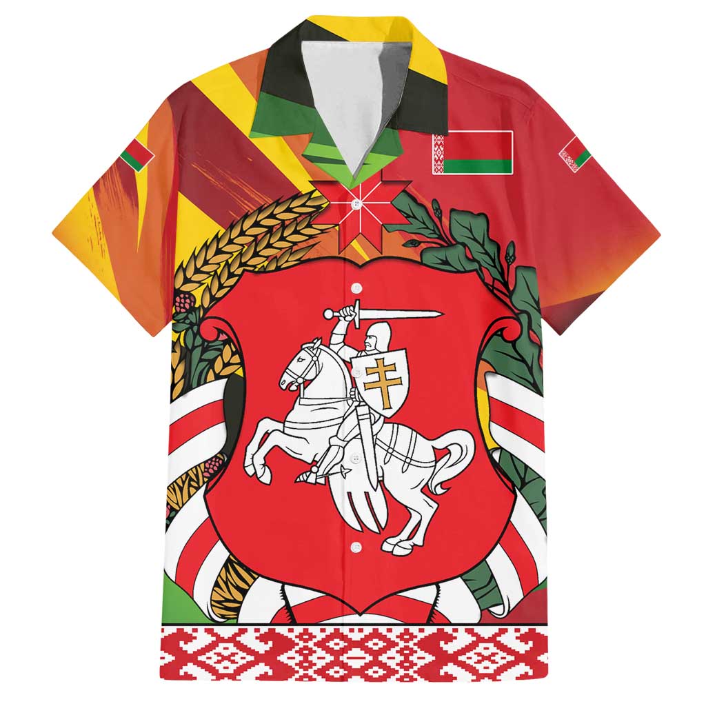 Belarus Red and Yellow National Crest Family Matching Tank Maxi Dress and Hawaiian Shirt with Pahonia Knight and Folk Motif Design